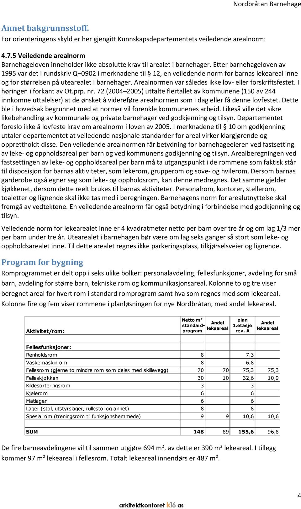 Etter barnehageloven av 1995 var det i rundskriv Q 0902 i merknadene til 12, en veiledende norm for barnas lekeareal inne og for størrelsen på utearealet i barnehager.