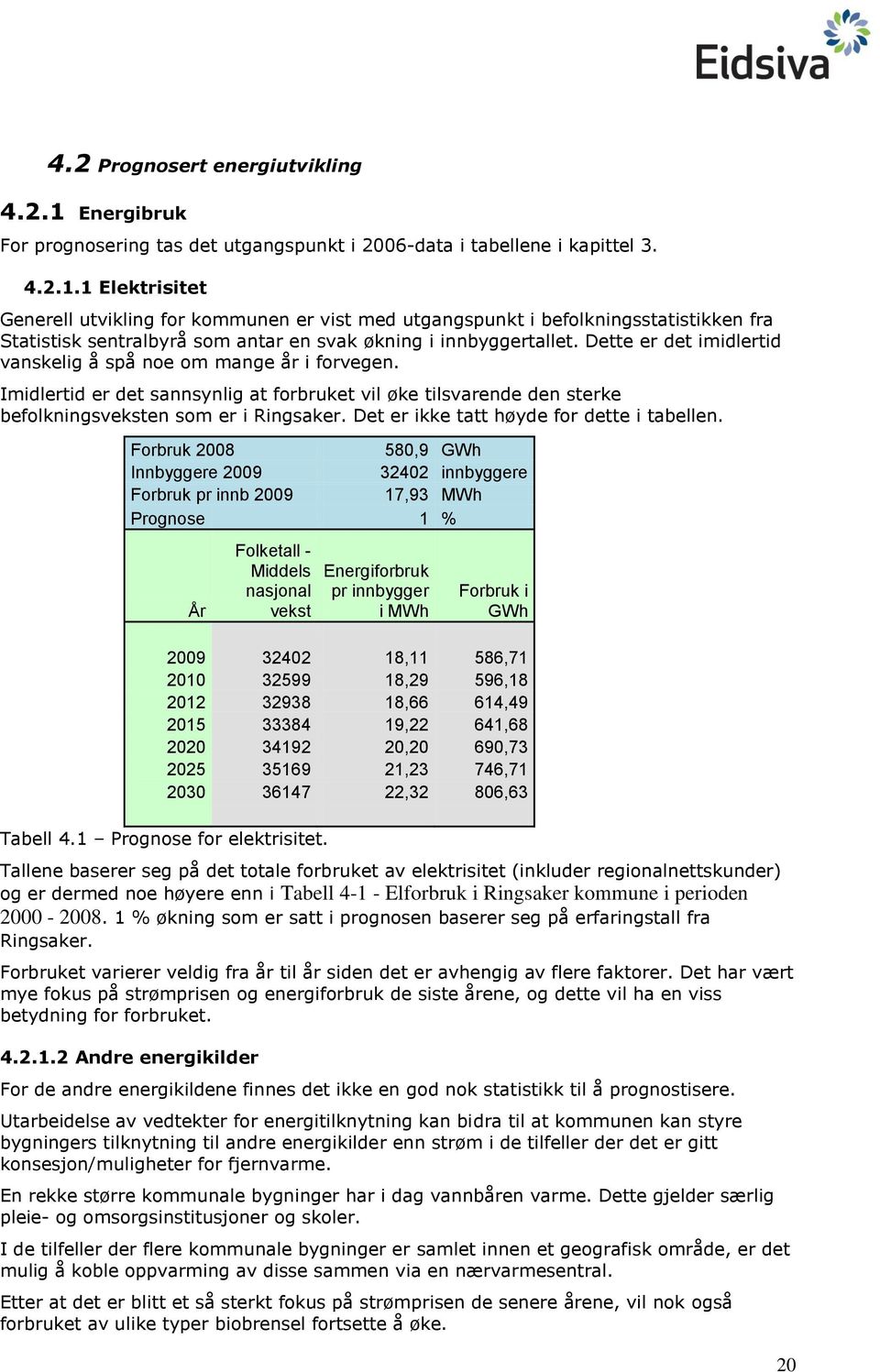 1 Elektrisitet Generell utvikling for kommunen er vist med utgangspunkt i befolkningsstatistikken fra Statistisk sentralbyrå som antar en svak økning i innbyggertallet.