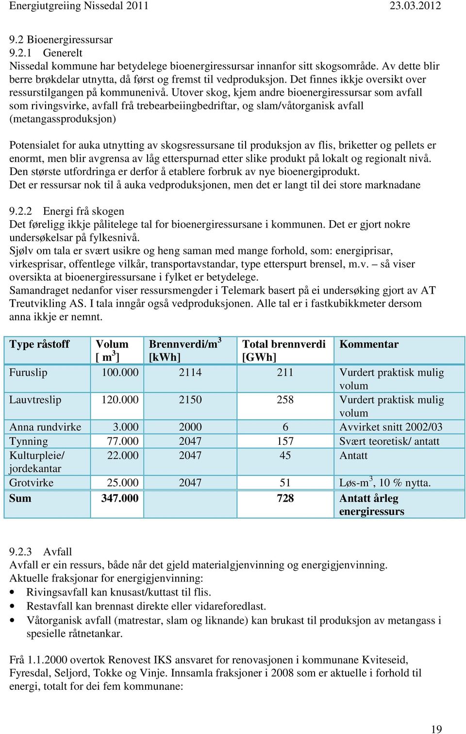 Utover skog, kjem andre bioenergiressursar som avfall som rivingsvirke, avfall frå trebearbeiingbedriftar, og slam/våtorganisk avfall (metangassproduksjon) Potensialet for auka utnytting av