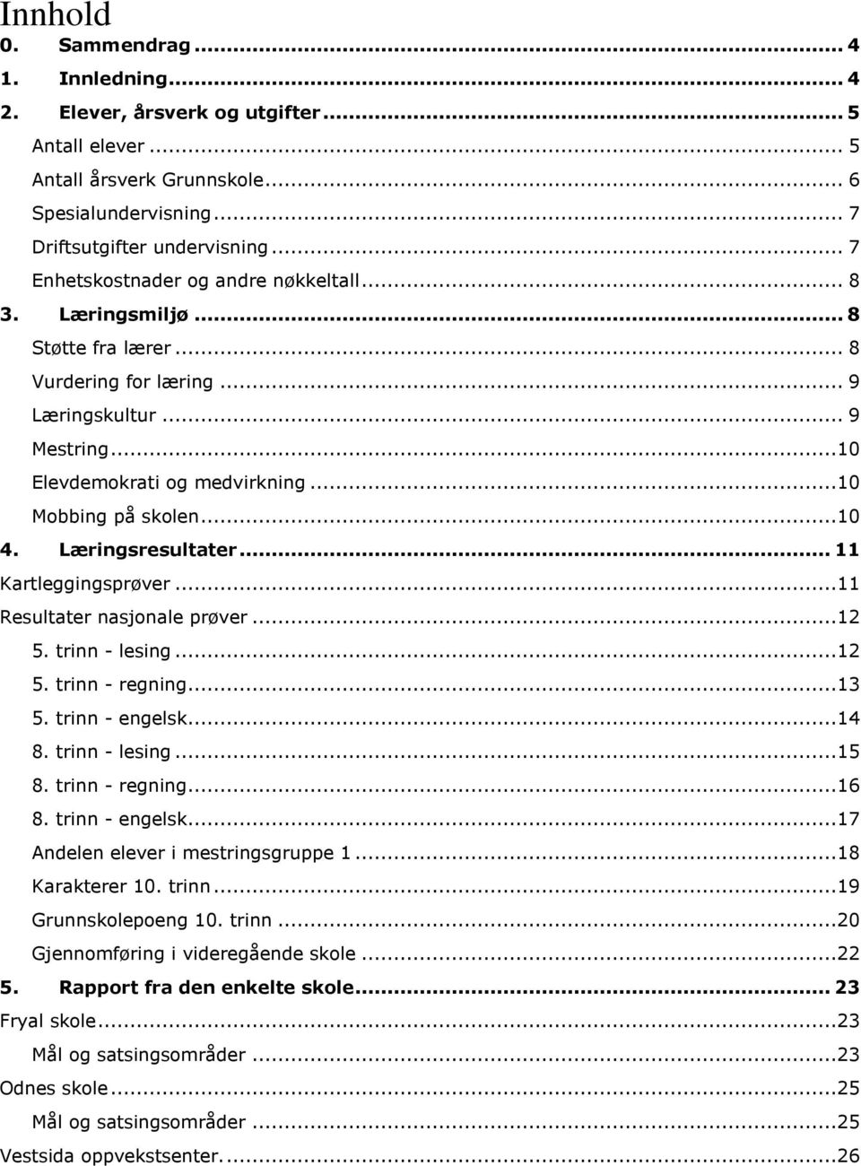 ..10 4. Læringsresultater... 11 Kartleggingsprøver...11 Resultater nasjonale prøver...12 5. trinn - lesing...12 5. trinn - regning...13 5. trinn - engelsk...14 8. trinn - lesing...15 8.