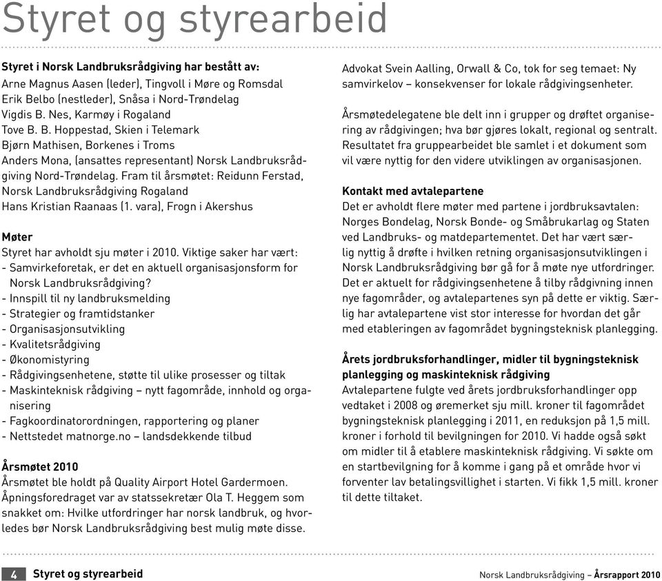 Fram til årsmøtet: Reidunn Ferstad, Norsk Landbruksrådgiving Rogaland Hans Kristian Raanaas (1. vara), Frogn i Akershus Møter Styret har avholdt sju møter i 2010.