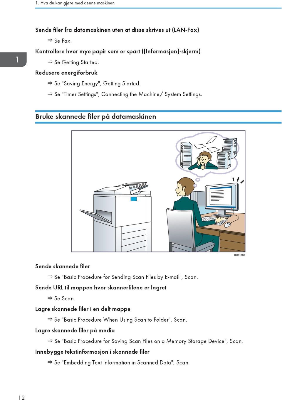 Bruke skannede filer på datamaskinen BQX138S Sende skannede filer Se "Basic Procedure for Sending Scan Files by E-mail", Scan. Sende URL til mappen hvor skannerfilene er lagret Se Scan.