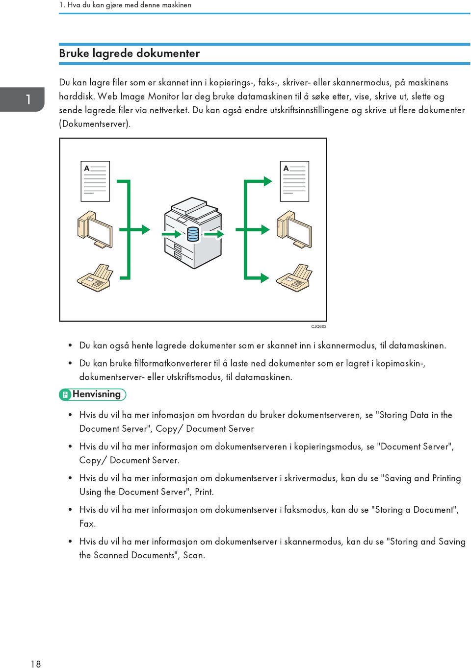 Du kan også endre utskriftsinnstillingene og skrive ut flere dokumenter (Dokumentserver). CJQ603 Du kan også hente lagrede dokumenter som er skannet inn i skannermodus, til datamaskinen.