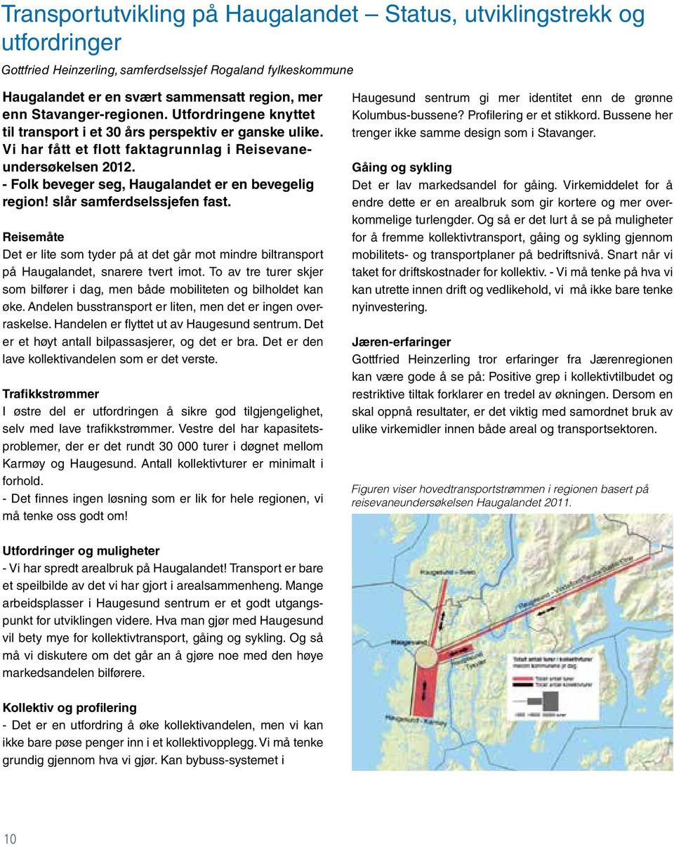 - Folk beveger seg, Haugalandet er en bevegelig region! slår samferdselssjefen fast. Reisemåte Det er lite som tyder på at det går mot mindre biltransport på Haugalandet, snarere tvert imot.