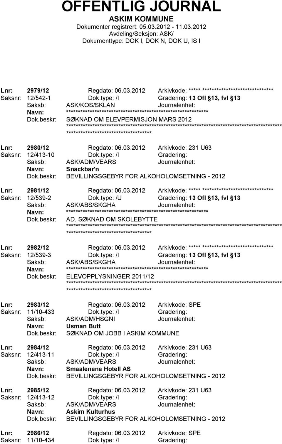 type: /I Gradering: Saksb: ASK/ADM/VEARS Journalenhet: Snackbar'n BEVILLINGSGEBYR FOR ALKOHOLOMSETNING - 2012 Lnr: 2981/12 Regdato: 06.03.