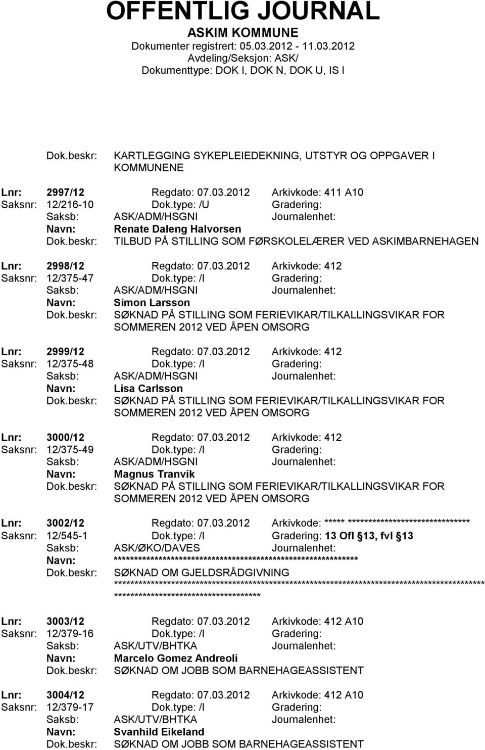 type: /I Gradering: Simon Larsson SØKNAD PÅ STILLING SOM FERIEVIKAR/TILKALLINGSVIKAR FOR SOMMEREN 2012 VED ÅPEN OMSORG Lnr: 2999/12 Regdato: 07.03.2012 Arkivkode: 412 Saksnr: 12/375-48 Dok.