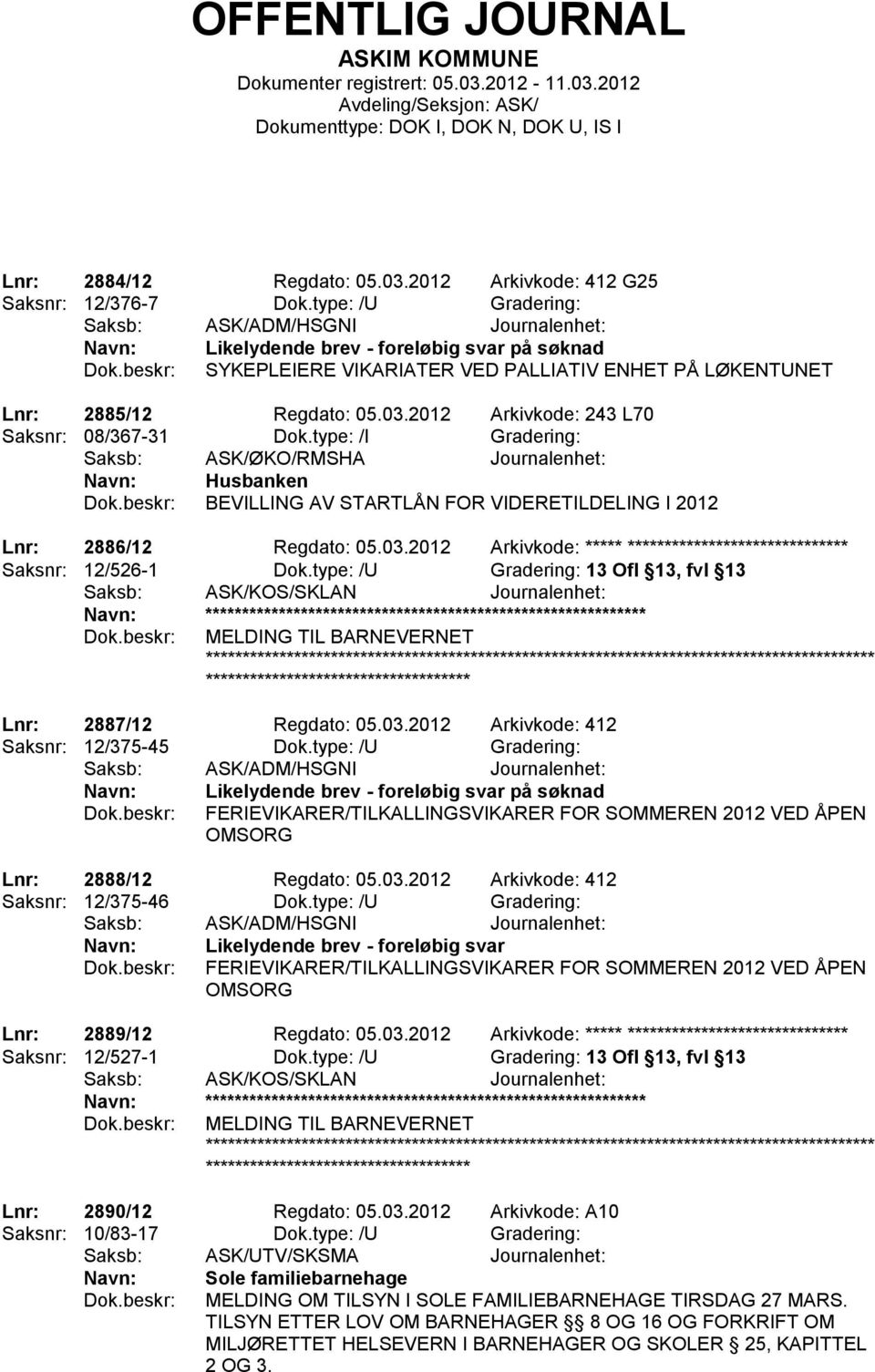 type: /I Gradering: Saksb: ASK/ØKO/RMSHA Journalenhet: Husbanken BEVILLING AV STARTLÅN FOR VIDERETILDELING I 2012 Lnr: 2886/12 Regdato: 05.03.