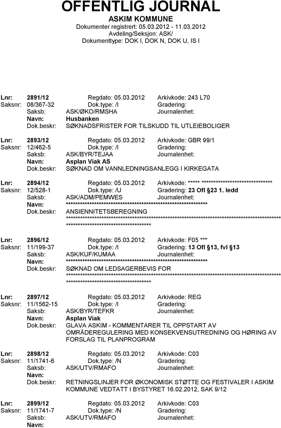 type: /I Gradering: Saksb: ASK/BYR/TEJAA Journalenhet: Asplan Viak AS SØKNAD OM VANNLEDNINGSANLEGG I KIRKEGATA Lnr: 2894/12 Regdato: 05.03.