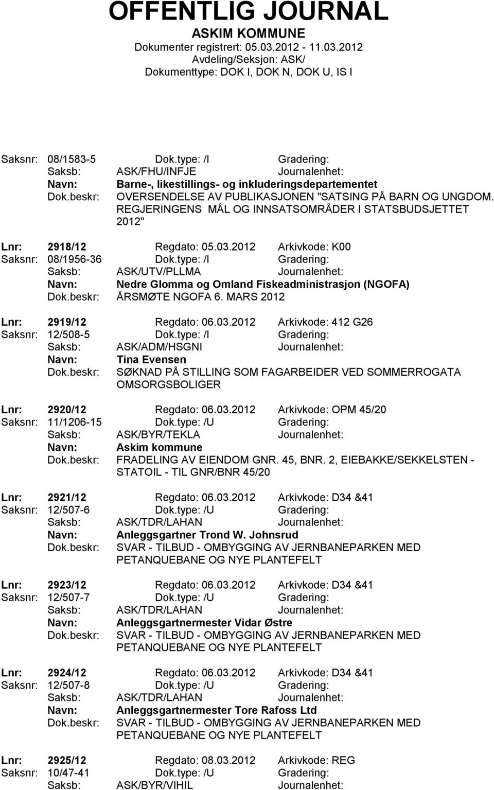 type: /I Gradering: Saksb: ASK/UTV/PLLMA Journalenhet: Nedre Glomma og Omland Fiskeadministrasjon (NGOFA) ÅRSMØTE NGOFA 6. MARS 2012 Lnr: 2919/12 Regdato: 06.03.