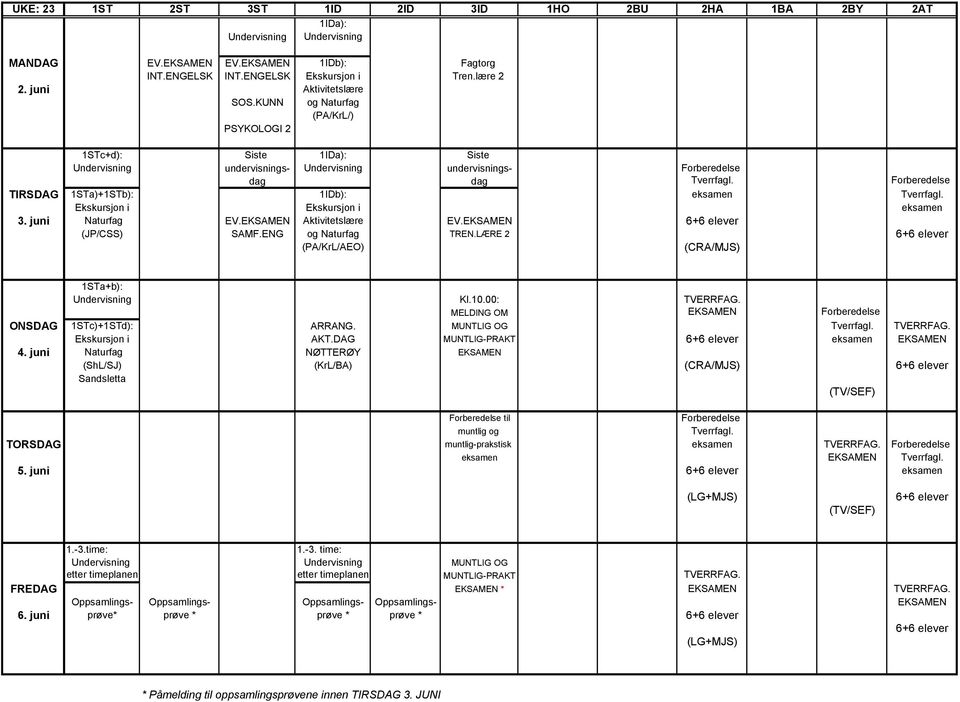 Forberedelse TIRSDAG 1STa)+1STb): 1IDb): eksamen Tverrfagl. Ekskursjon i Ekskursjon i eksamen 3. juni Naturfag EV. Aktivitetslære EV. 6+6 elever (JP/CSS) SAMF.ENG og Naturfag TREN.