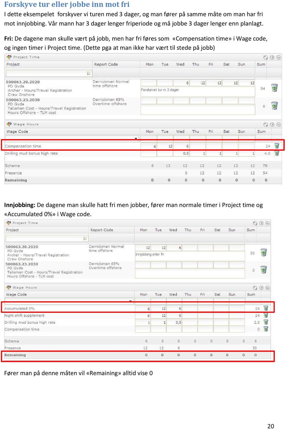 Fri: De dagene man skulle vært på jobb, men har fri føres som «Compensation time» i Wage code, og ingen timer i Project time.