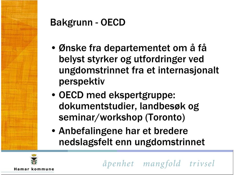 OECD med ekspertgruppe: dokumentstudier, landbesøk og