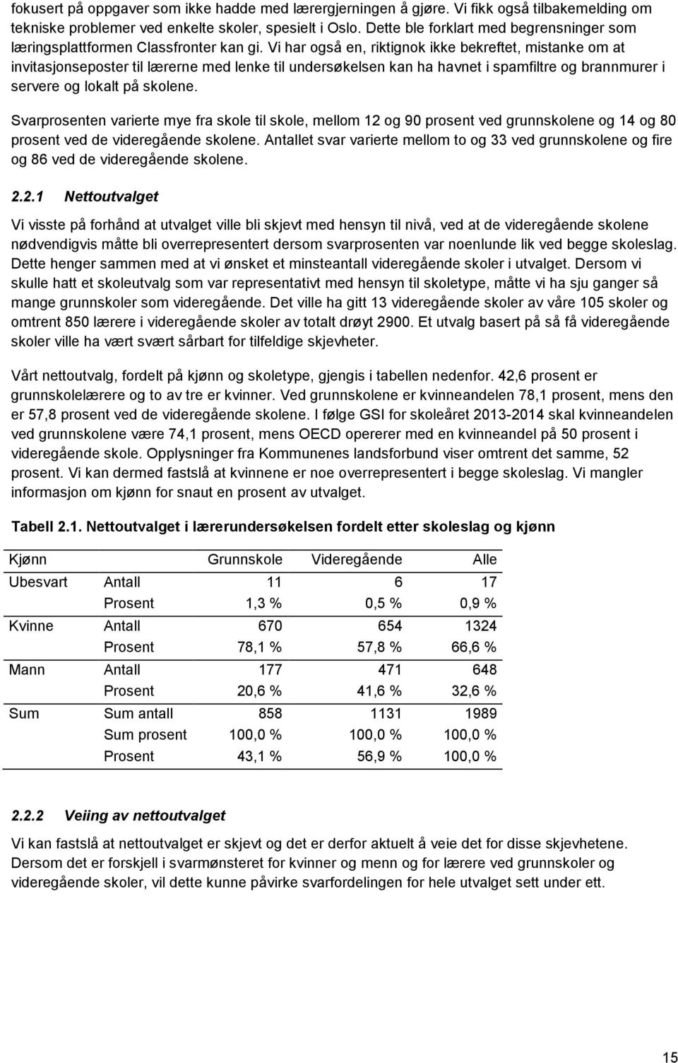 Vi har også en, riktignok ikke bekreftet, mistanke om at invitasjonseposter til lærerne med lenke til undersøkelsen kan ha havnet i spamfiltre og brannmurer i servere og lokalt på skolene.