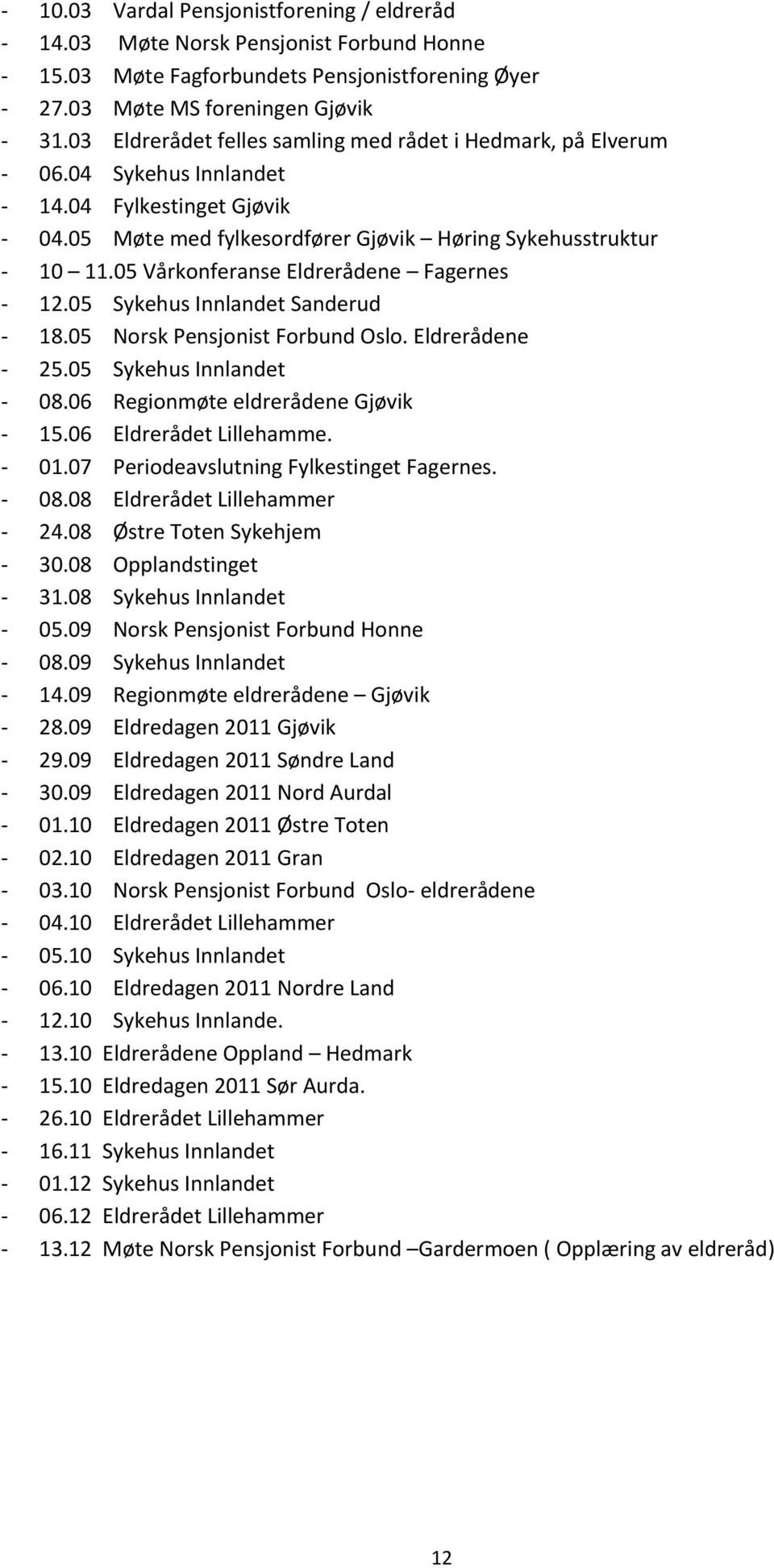 05 Vårkonferanse Eldrerådene Fagernes - 12.05 Sykehus Innlandet Sanderud - 18.05 Norsk Pensjonist Forbund Oslo. Eldrerådene - 25.05 Sykehus Innlandet - 08.06 Regionmøte eldrerådene Gjøvik - 15.