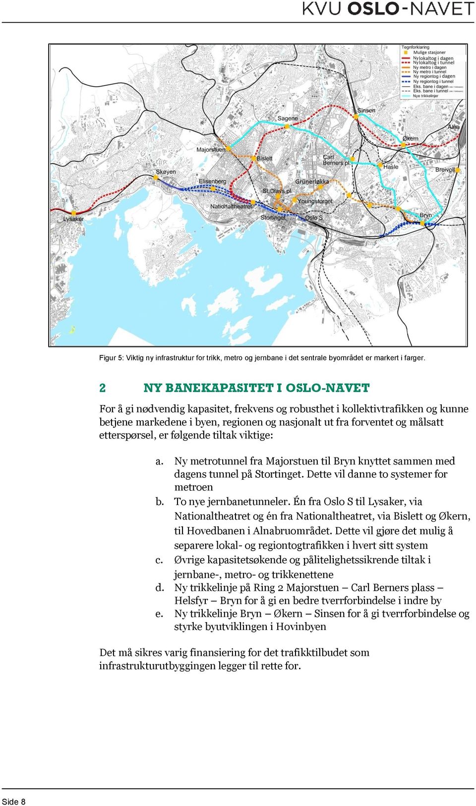 etterspørsel, er følgende tiltak viktige: a. Ny metrotunnel fra Majorstuen til Bryn knyttet sammen med dagens tunnel på Stortinget. Dette vil danne to systemer for metroen b. To nye jernbanetunneler.