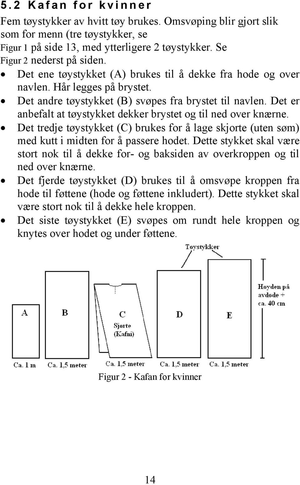 Det er anbefalt at tøystykket dekker brystet og til ned over knærne. Det tredje tøystykket (C) brukes for å lage skjorte (uten søm) med kutt i midten for å passere hodet.