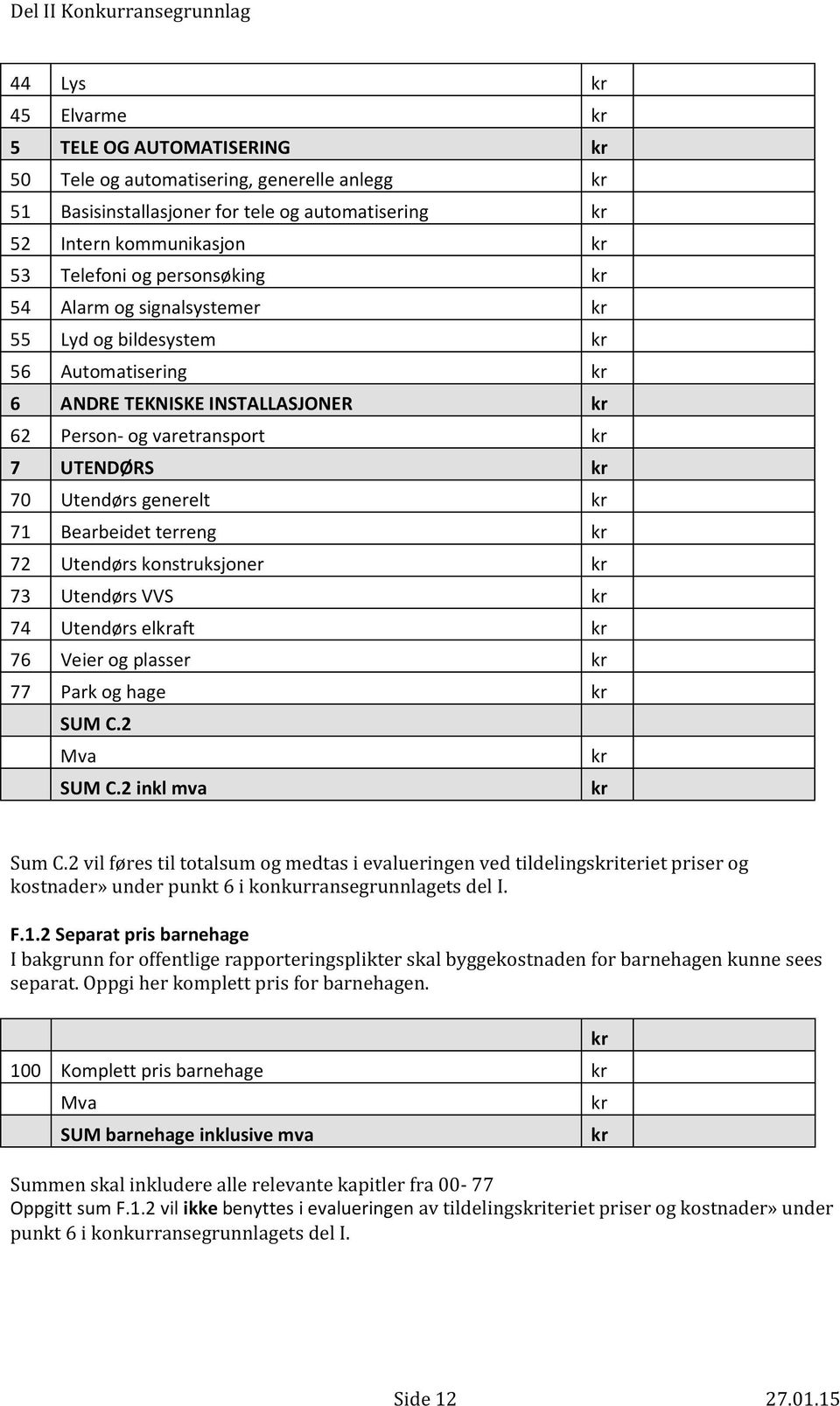 73 Utendørs VVS 74 Utendørs elaft 76 Veier og plasser 77 Park og hage SUM C.2 Mva SUM C.2 inkl mva k r Sum C.