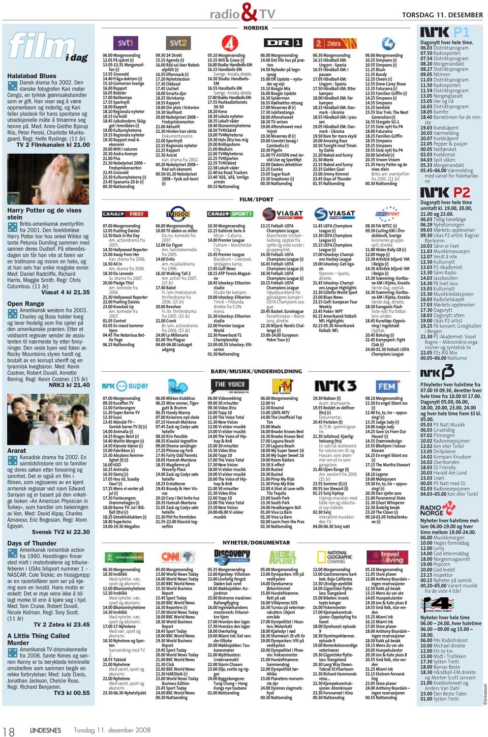 Regi: Helle Ryslinge. (11 år) TV 2 Filmkanalen kl 21.00 06.00 Morgensending 12.05 På spåret (r) 13.05-13.35 Morgonsoffan (r) 13.55 Grosvold. 14.40 Fråga doktorn (r) 15.10 Gomorron Sverige 16.