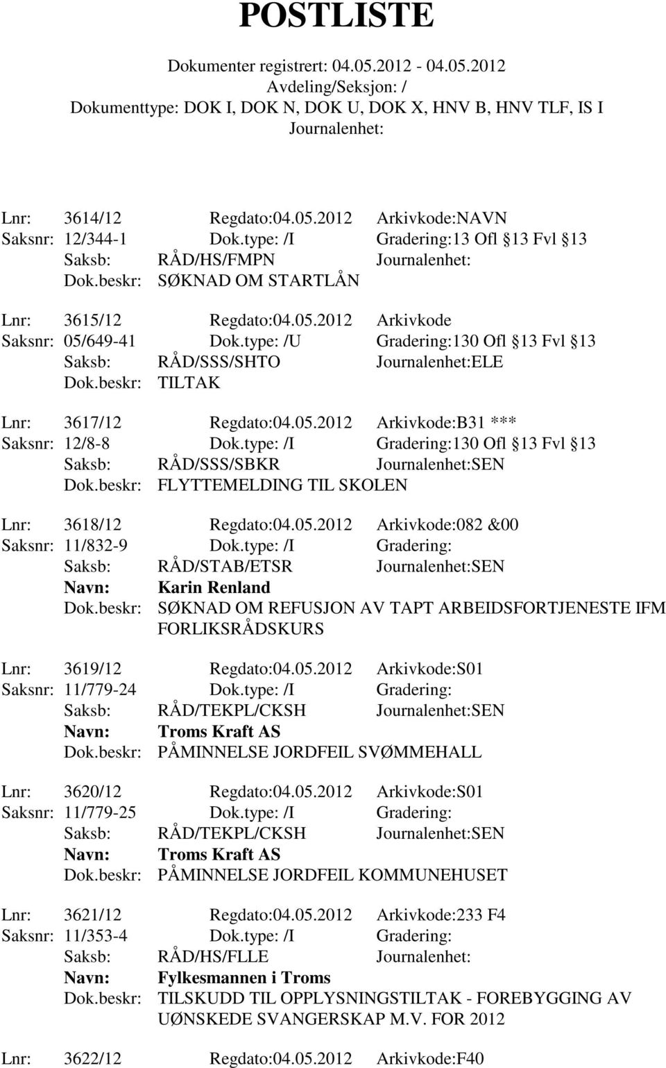 type: /I Gradering:130 Ofl 13 Fvl 13 Saksb: RÅD/SSS/SBKR SEN Dok.beskr: FLYTTEMELDING TIL SKOLEN Lnr: 3618/12 Regdato:04.05.2012 Arkivkode:082 &00 Saksnr: 11/832-9 Dok.