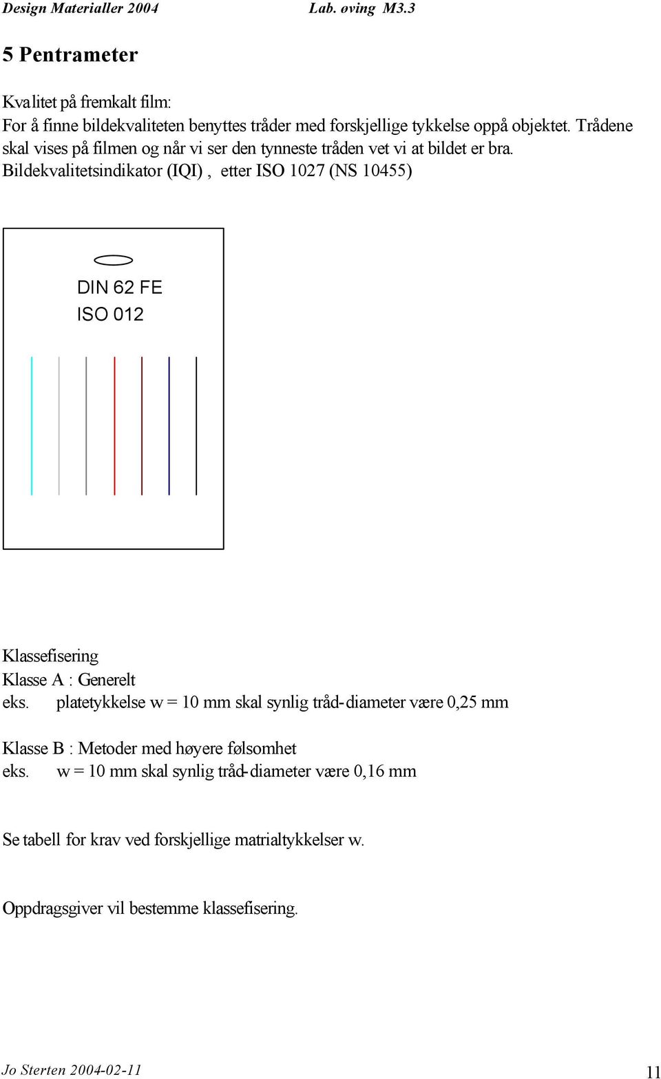 Bildekvalitetsindikator (IQI), etter ISO 1027 (NS 10455) DIN 62 FE ISO 012 Klassefisering Klasse A : Generelt eks.