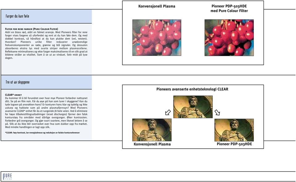 Pioneers unike filter reduserer unødvendige frekvenskomponenter av røde, grønne og blå signaler. Og dessuten absorberes ekstra lys med svarte striper mellom plasmacellene.