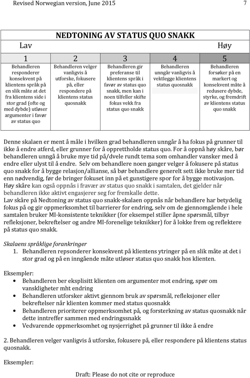 kan i noen tilfeller skifte fokus vekk fra status quo snakk Behandleren unngår vanligvis å vektlegge klientens status quosnakk Høy Behandleren forsøker på en markert og konsekvent måte å redusere