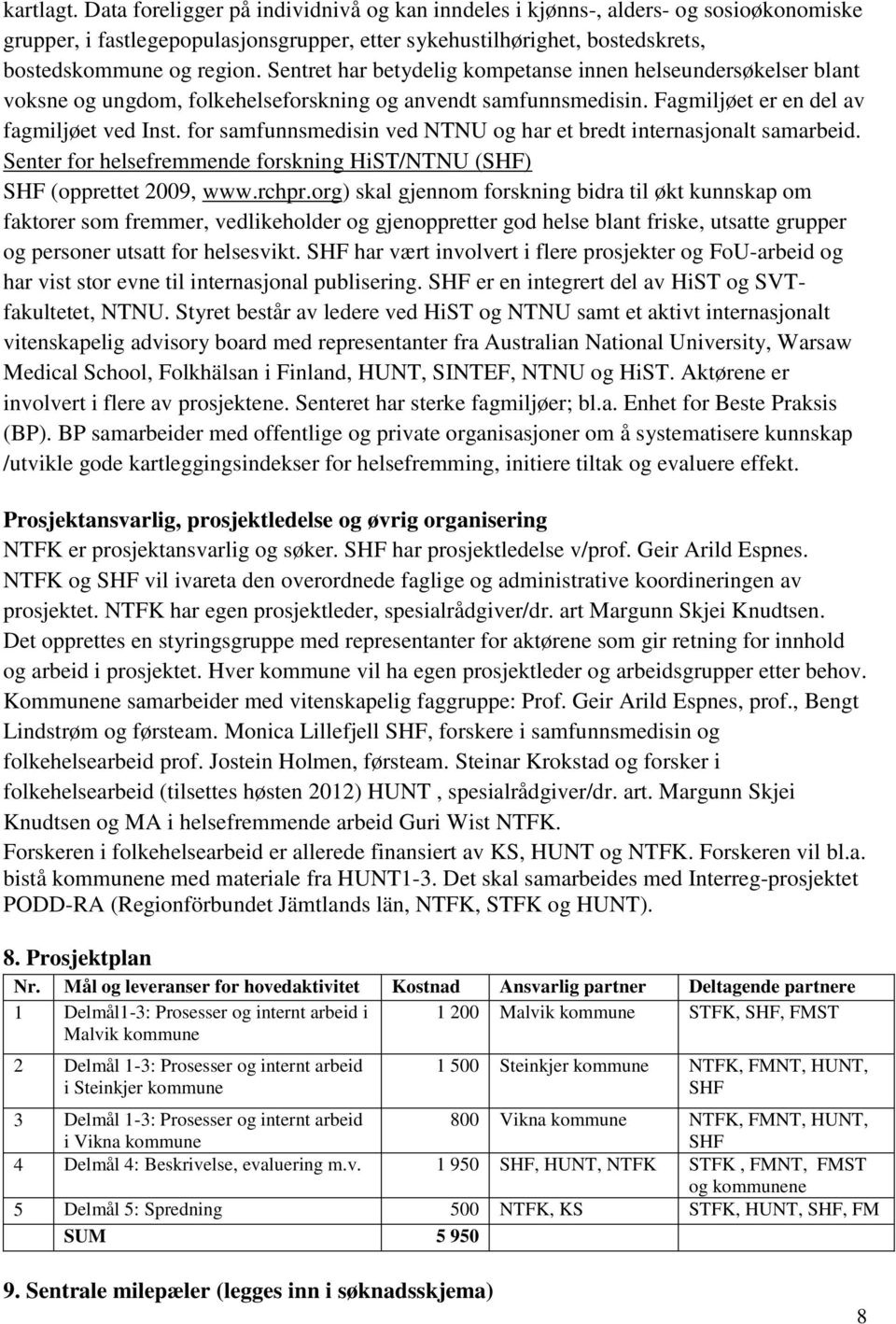 for samfunnsmedisin ved NTNU og har et bredt internasjonalt samarbeid. Senter for helsefremmende forskning HiST/NTNU (SHF) SHF (opprettet 2009, www.rchpr.