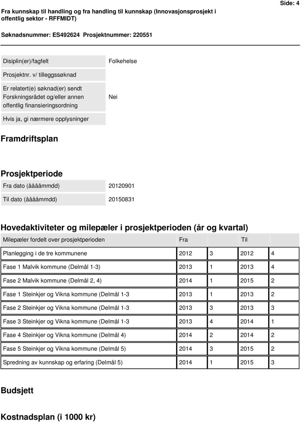 v/ tilleggssøknad Er relatert(e) søknad(er) sendt Forskningsrådet og/eller annen offentlig finansieringsordning Nei Hvis ja, gi nærmere opplysninger Framdriftsplan Prosjektperiode Fra dato (ååååmmdd)