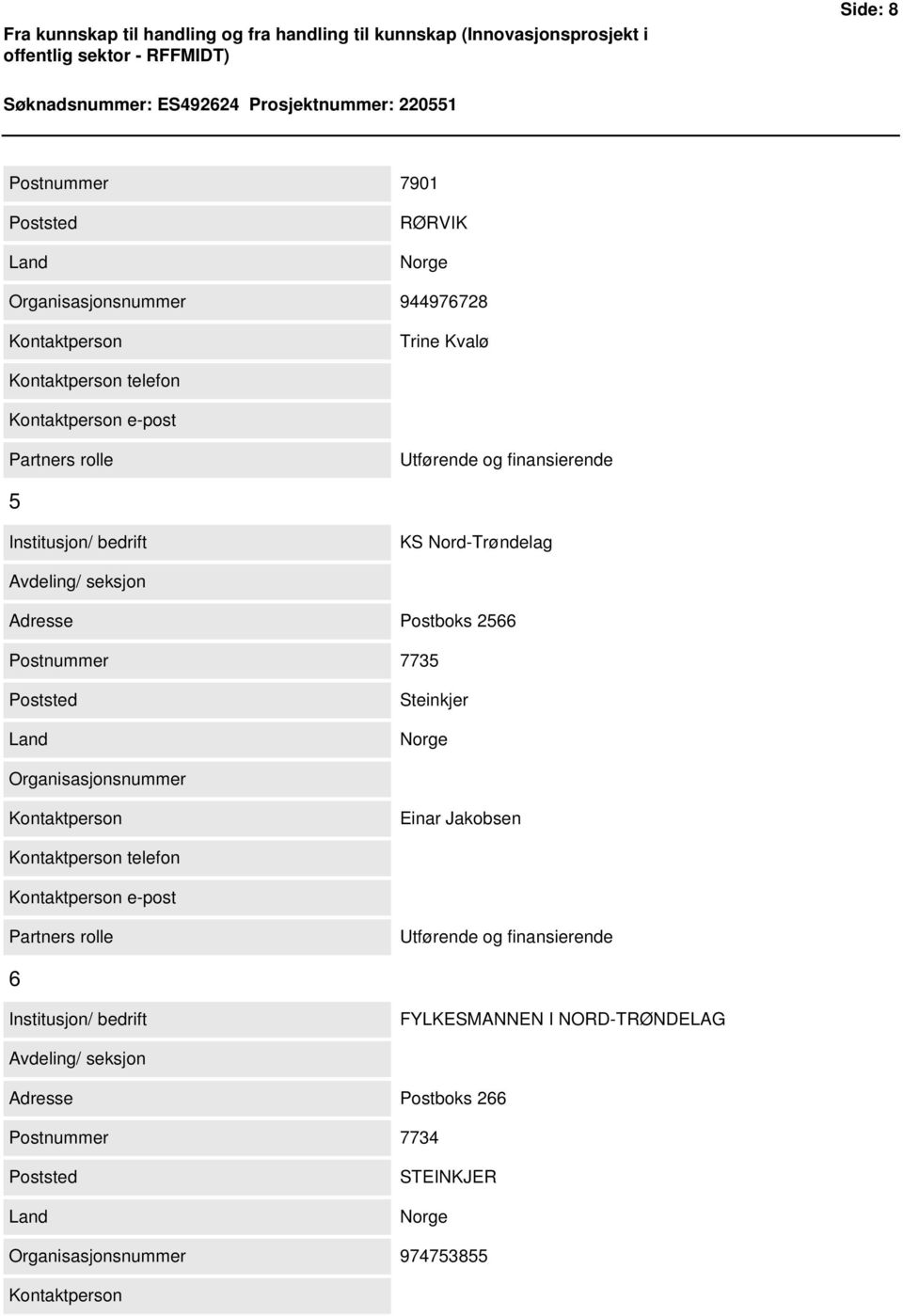 Avdeling/ seksjon Adresse Postboks 2566 Postnummer 7735 Poststed Land Steinkjer Norge Organisasjonsnummer Kontaktperson Einar Jakobsen Kontaktperson telefon Kontaktperson e-post Partners rolle