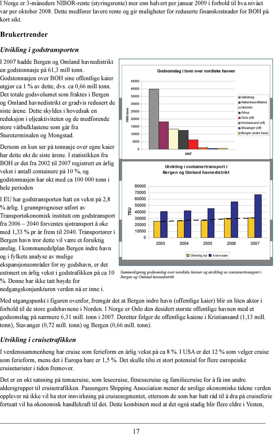 Brukertrender Utvikling i godstransporten I 2007 hadde Bergen og Omland havnedistrikt en godstonnasje på 61,3 mill tonn. Godstonnasjen over BOH sine offentlige kaier utgjør ca 1 % av dette, dvs.