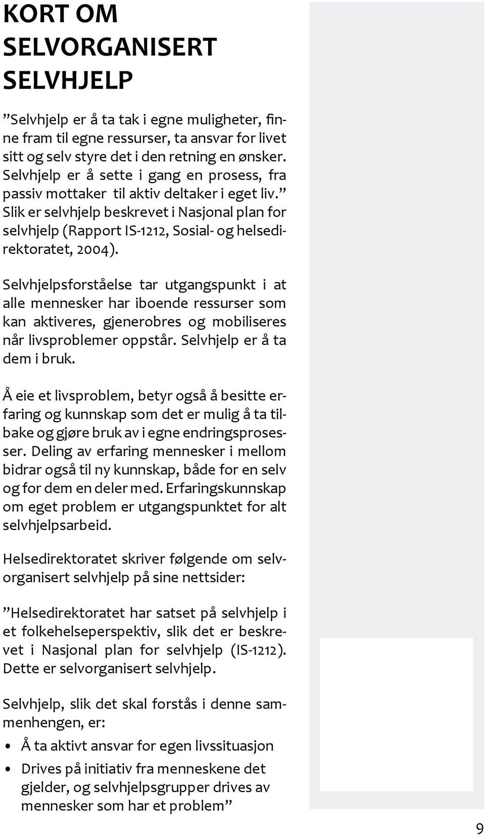 Slik er selvhjelp beskrevet i Nasjonal plan for selvhjelp (Rapport IS-1212, Sosial- og helsedirektoratet, 2004).