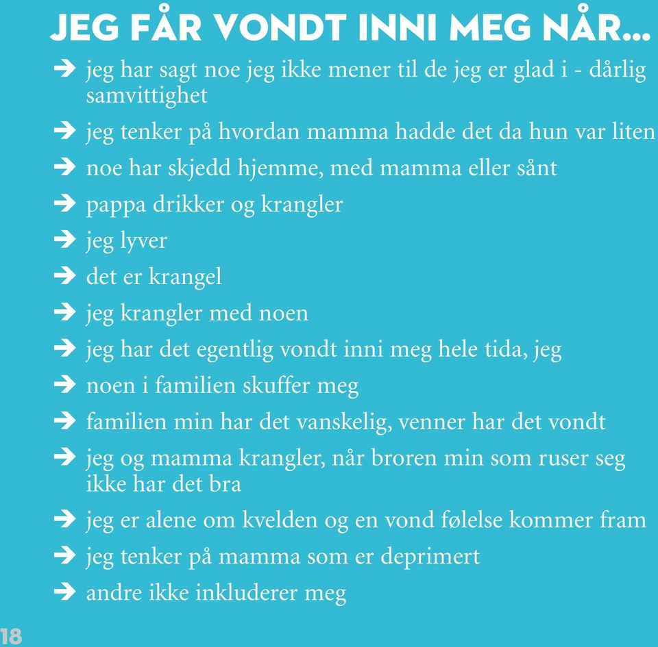 vondt inni meg hele tida, jeg ÎÎnoen i familien skuffer meg ÎÎfamilien min har det vanskelig, venner har det vondt ÎÎjeg og mamma krangler, når broren min