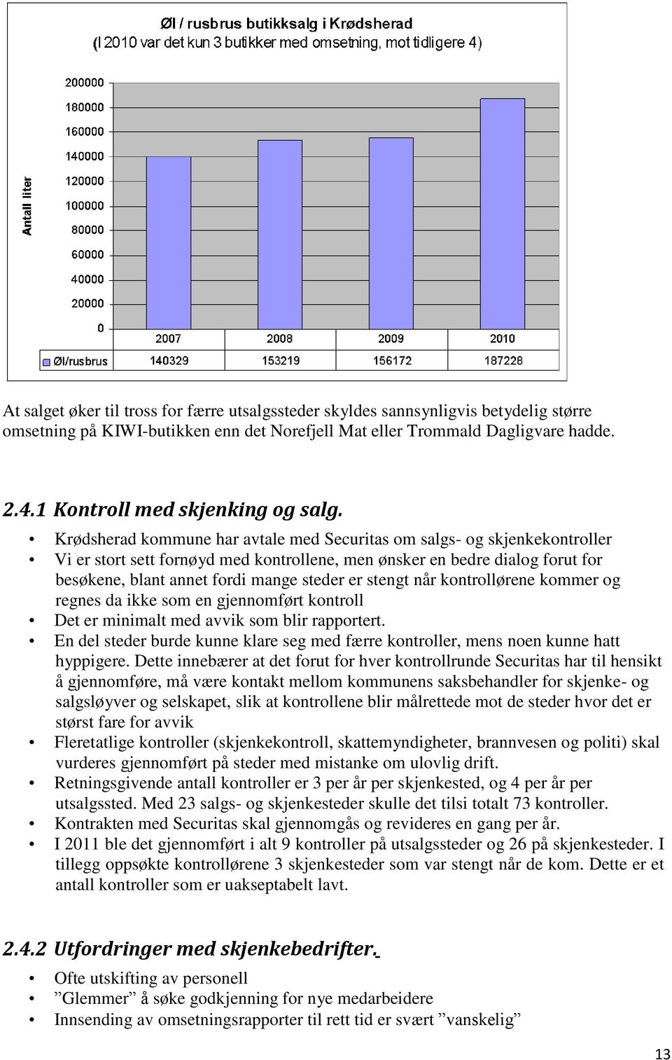 Krødsherad kommune har avtale med Securitas om salgs- og skjenkekontroller Vi er stort sett fornøyd med kontrollene, men ønsker en bedre dialog forut for besøkene, blant annet fordi mange steder er