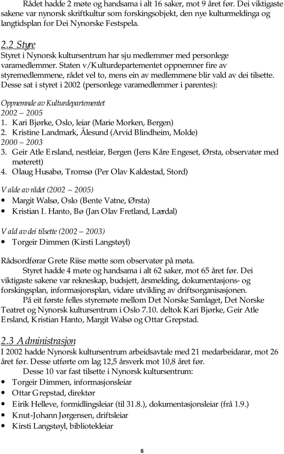 Desse sat i styret i 2002 (personlege varamedlemmer i parentes): Oppnemnde av Kulturdepartementet 2002 2005 1. Kari Bjørke, Oslo, leiar (Marie Morken, Bergen) 2.