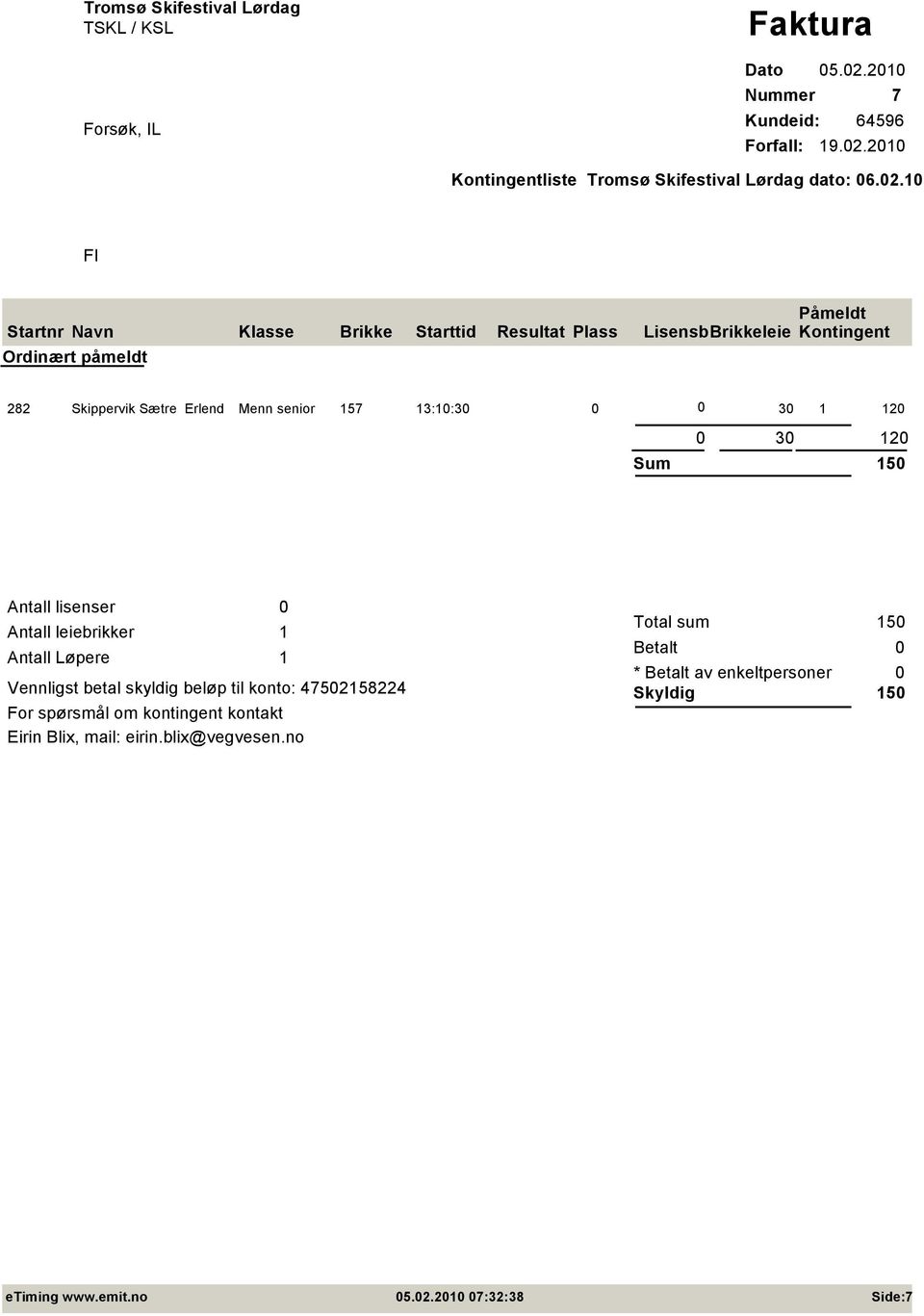 30 1 120 0 30 120 Sum 150 Antall Løpere 1 1 Total