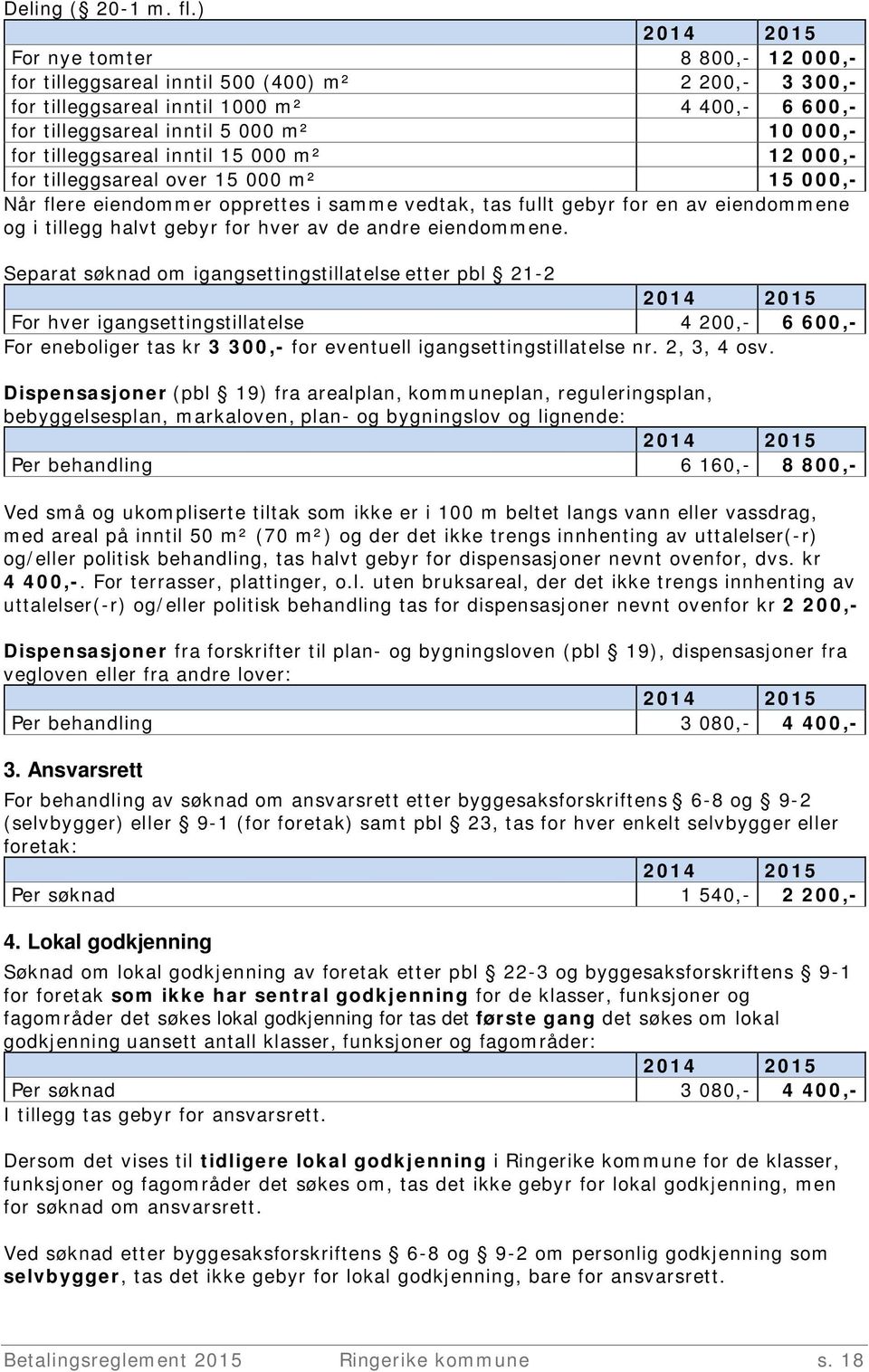 inntil 15 000 m² 12 000,- for tilleggsareal over 15 000 m² 15 000,- Når flere eiendommer opprettes i samme vedtak, tas fullt gebyr for en av eiendommene og i tillegg halvt gebyr for hver av de andre