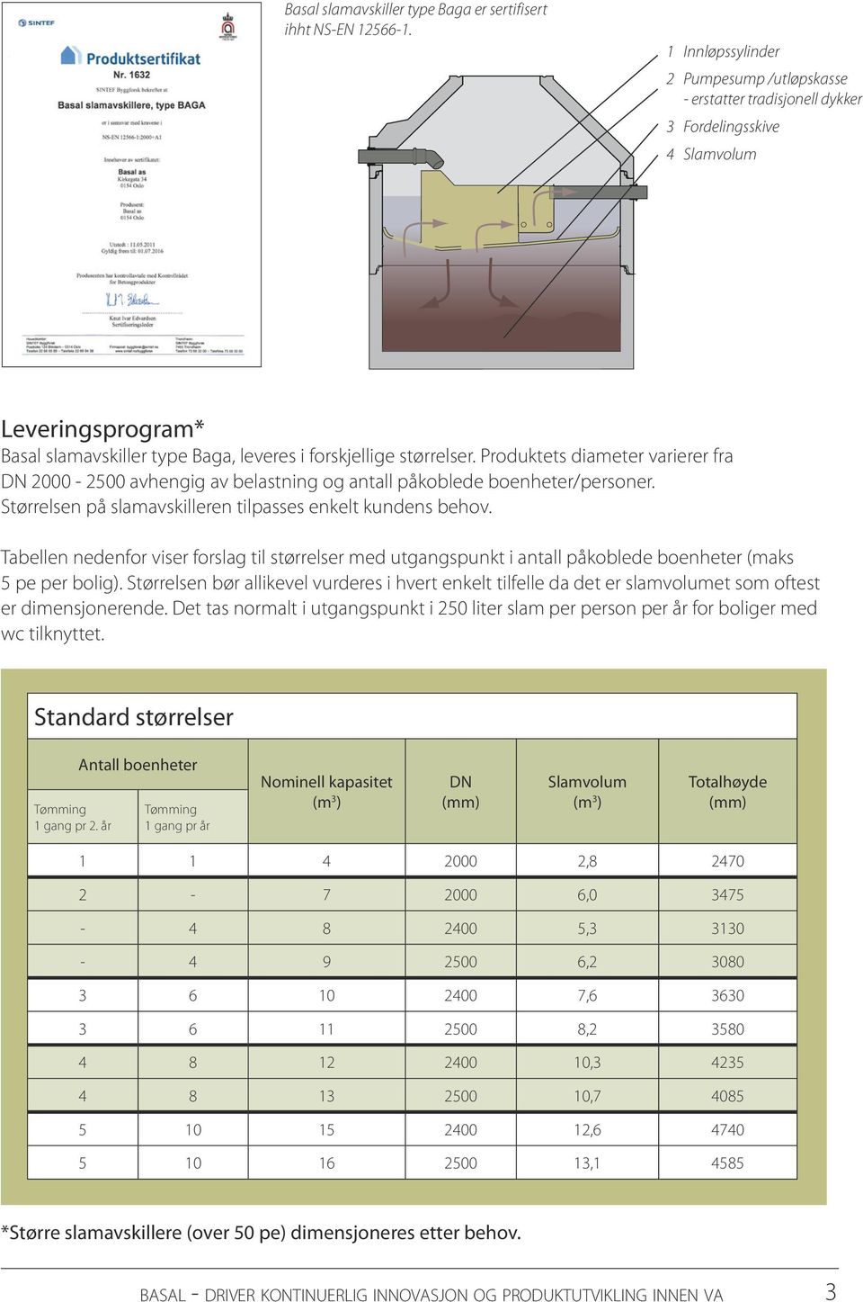 Produktets diameter varierer fra DN 2000-2500 avhengig av belastning og antall påkoblede boenheter/personer. Størrelsen på slamavskilleren tilpasses enkelt kundens behov.