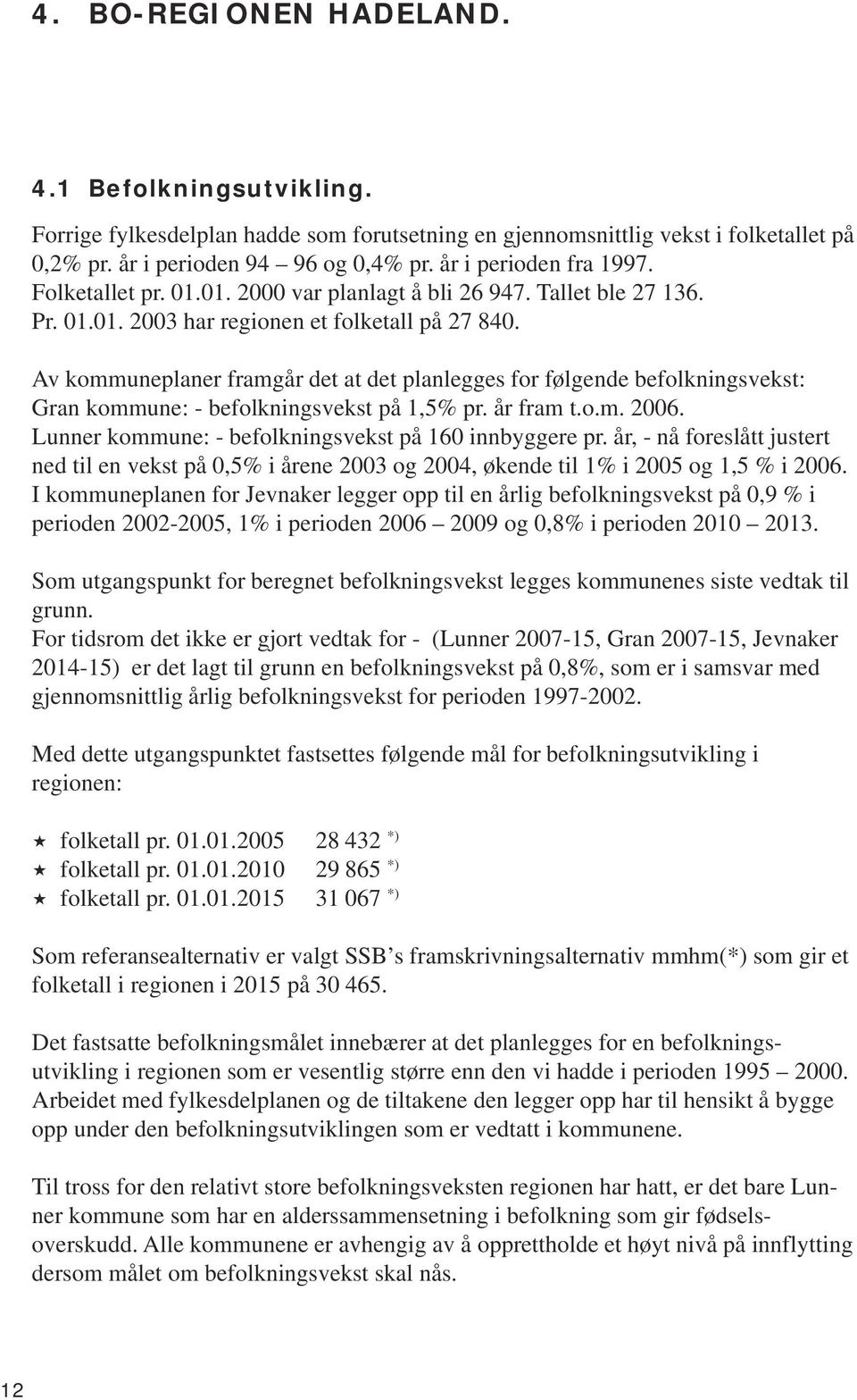 Av kommuneplaner framgår det at det planlegges for følgende befolkningsvekst: Gran kommune: - befolkningsvekst på 1,5% pr. år fram t.o.m. 2006. Lunner kommune: - befolkningsvekst på 160 innbyggere pr.