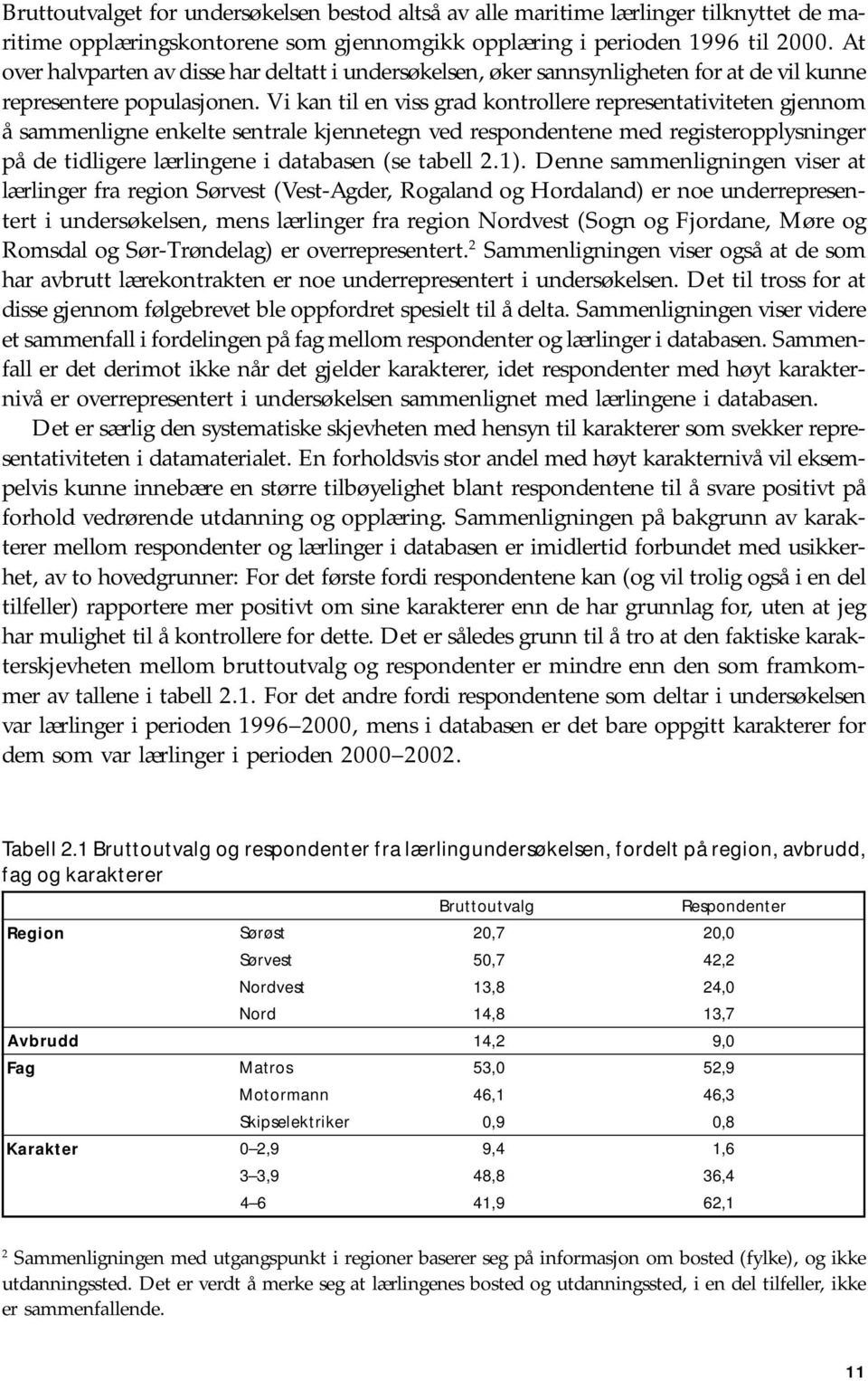 Vi kan til en viss grad kontrollere representativiteten gjennom å sammenligne enkelte sentrale kjennetegn ved respondentene med registeropplysninger på de tidligere lærlingene i databasen (se tabell