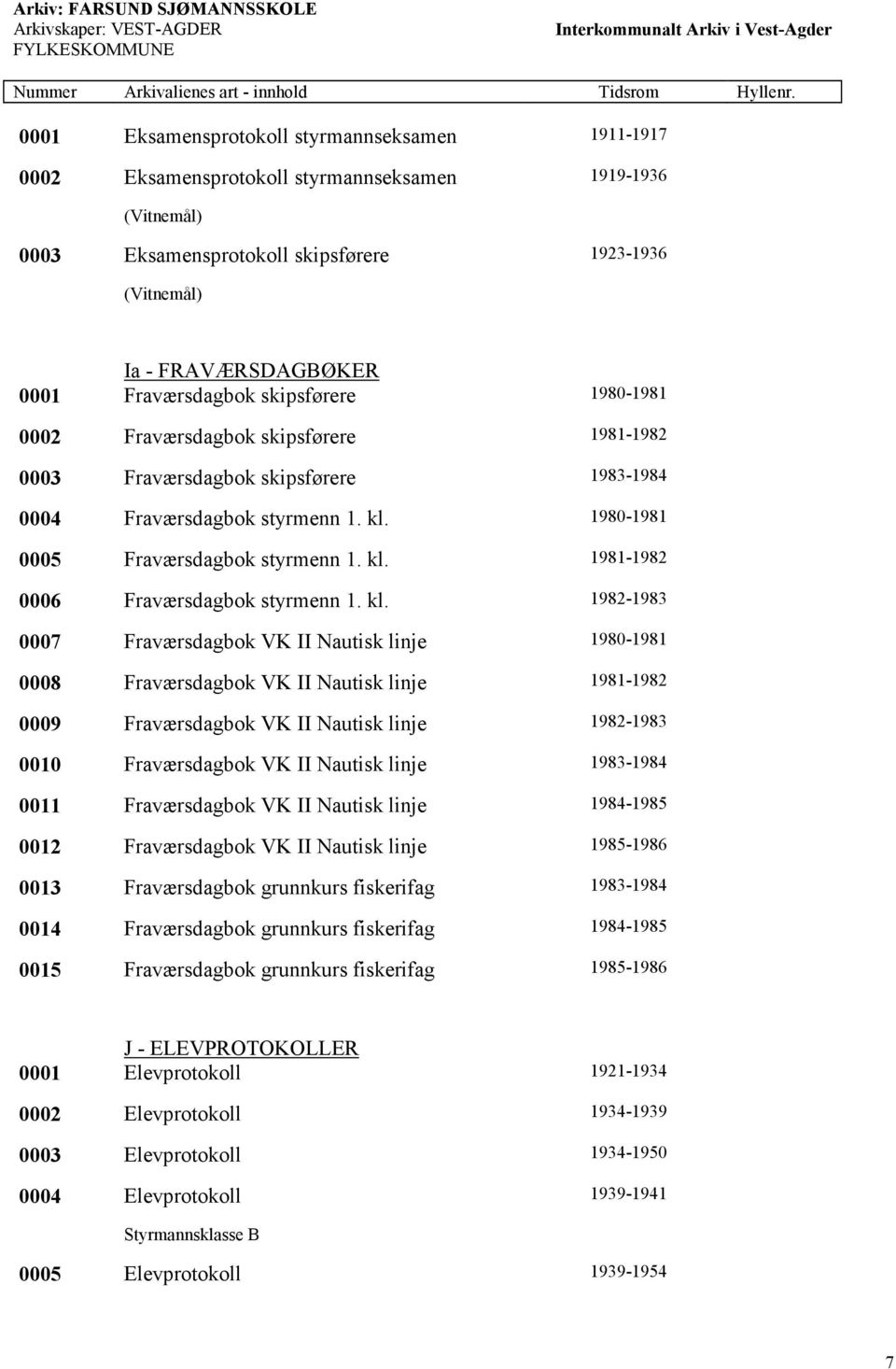 kl. 1982-1983 0007 Fraværsdagbok VK II Nautisk linje 1980-1981 0008 Fraværsdagbok VK II Nautisk linje 1981-1982 0009 Fraværsdagbok VK II Nautisk linje 1982-1983 0010 Fraværsdagbok VK II Nautisk linje