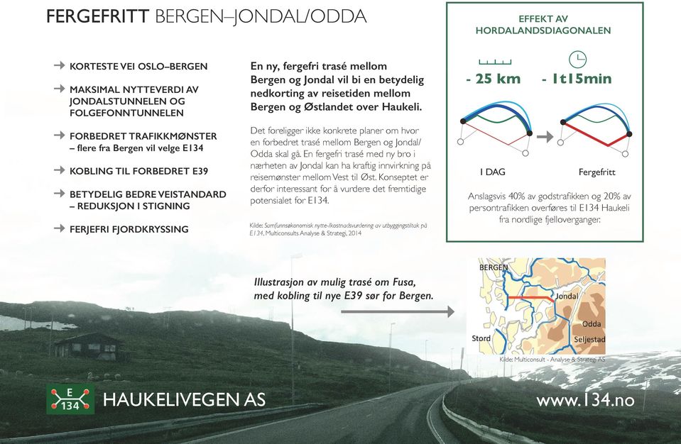 mellom Bergen og Østlandet over Haukeli. Det foreligger ikke konkrete planer om hvor en forbedret trasé mellom Bergen og Jondal/ Odda skal gå.