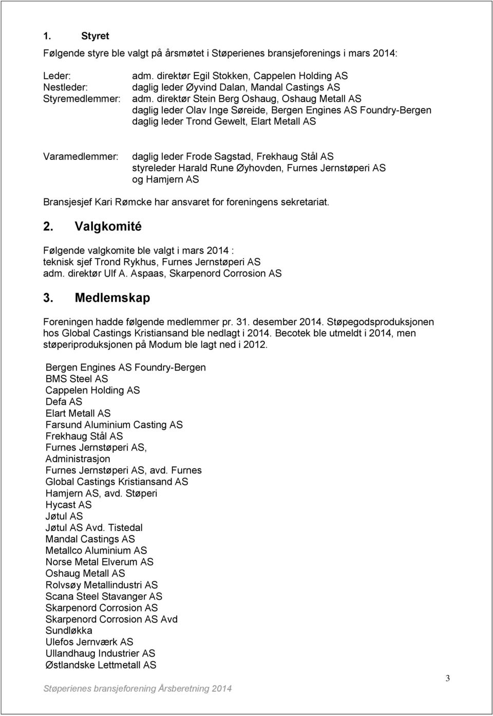 direktør Stein Berg Oshaug, Oshaug Metall AS daglig leder Olav Inge Søreide, Bergen Engines AS Foundry-Bergen daglig leder Trond Gewelt, Elart Metall AS Varamedlemmer: daglig leder Frode Sagstad,