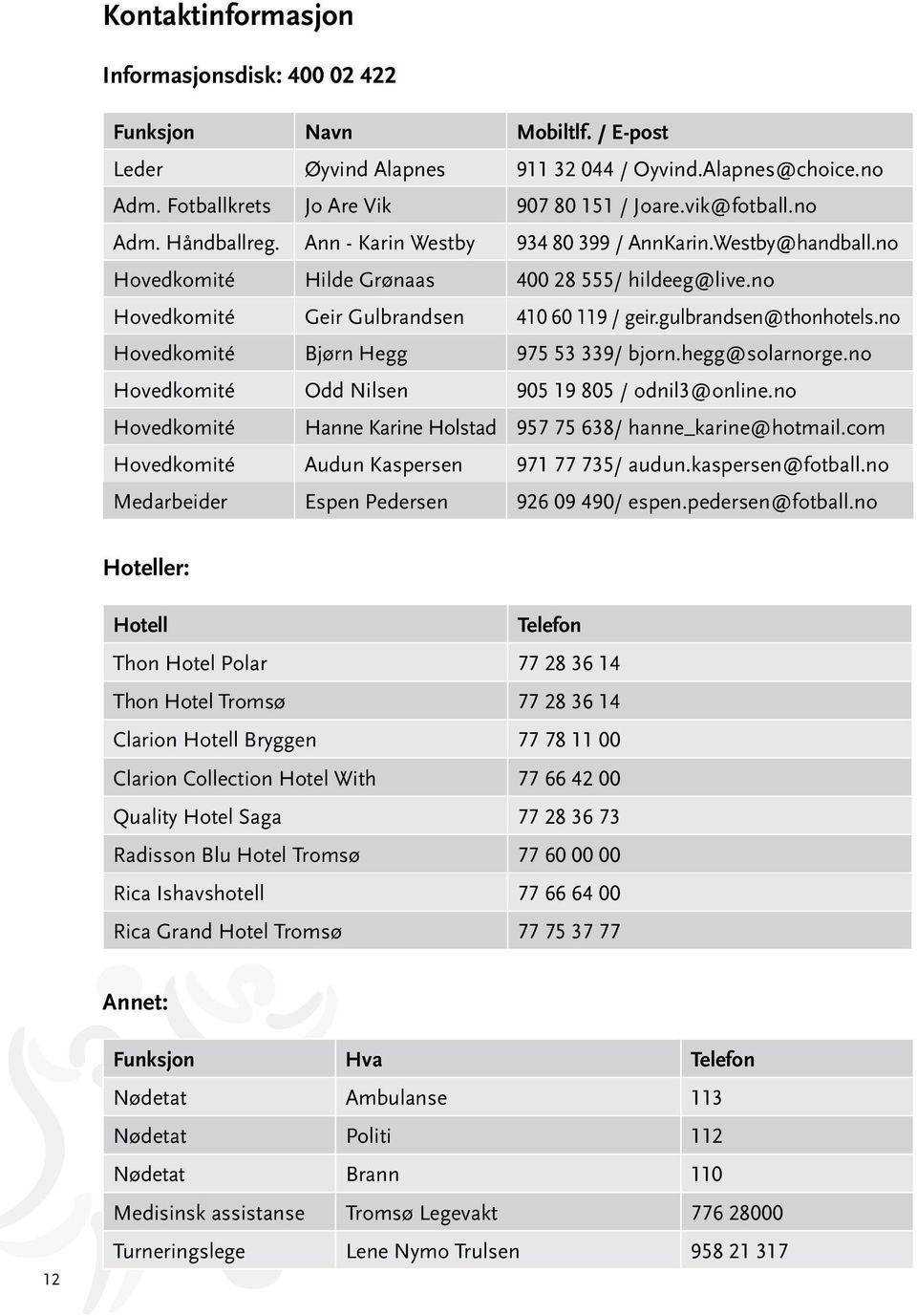 gulbrandsen@thonhotels.no Hovedkomité Bjørn Hegg 975 53 339/ bjorn.hegg@solarnorge.no Hovedkomité Odd Nilsen 905 19 805 / odnil3@online.