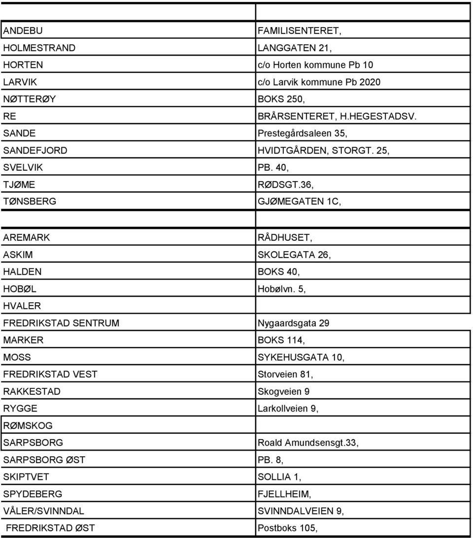 36, TØNSBERG GJØMEGATEN 1C, AREMARK RÅDHUSET, ASKIM SKOLEGATA 26, HALDEN BOKS 40, HOBØL Hobølvn.