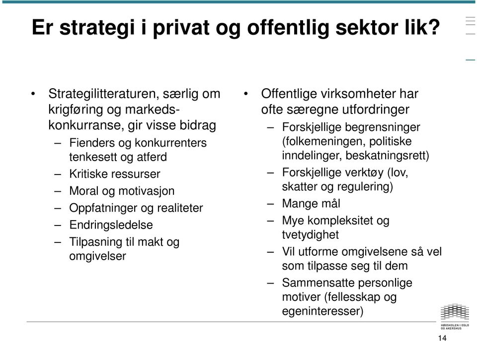 motivasjon Oppfatninger og realiteter Endringsledelse Tilpasning til makt og omgivelser Offentlige virksomheter har ofte særegne utfordringer Forskjellige