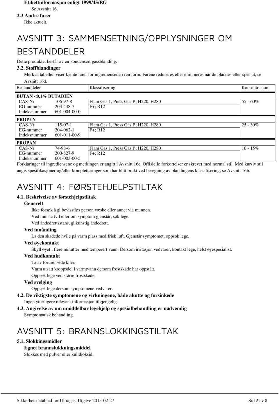 Bestanddeler Klassifisering Konsentrasjon BUTAN <0,1% BUTADIEN CAS-Nr 106-97-8 EG-nummer 203-448-7 Indeksnummer 601-004-00-0 PROPEN CAS-Nr 115-07-1 EG-nummer 204-062-1 Indeksnummer 601-011-00-9