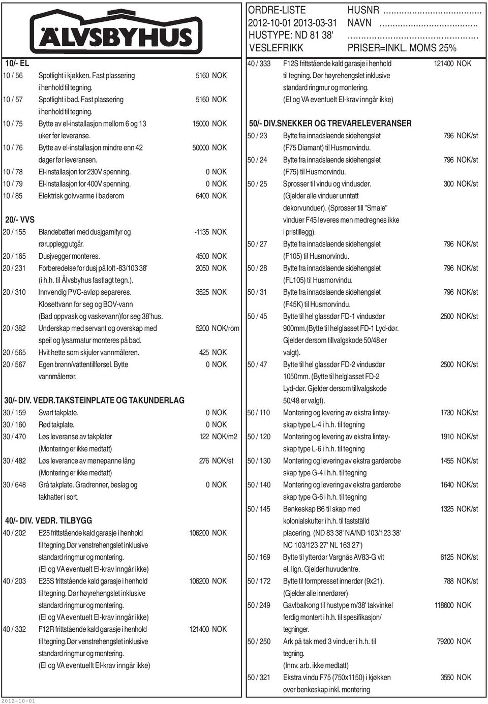 0 NOK 10 / 85 Elektrisk golvvarme i baderom 6400 NOK 20/- VVS 20 / 155 Blandebatteri med dusjgarnityr og -1135 NOK rørupplegg utgår. 20 / 165 Dusjvegger monteres.