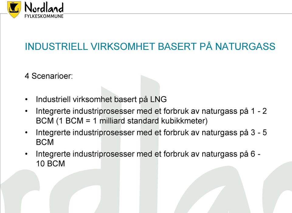 BCM = 1 milliard standard kubikkmeter) Integrerte industriprosesser med et forbruk