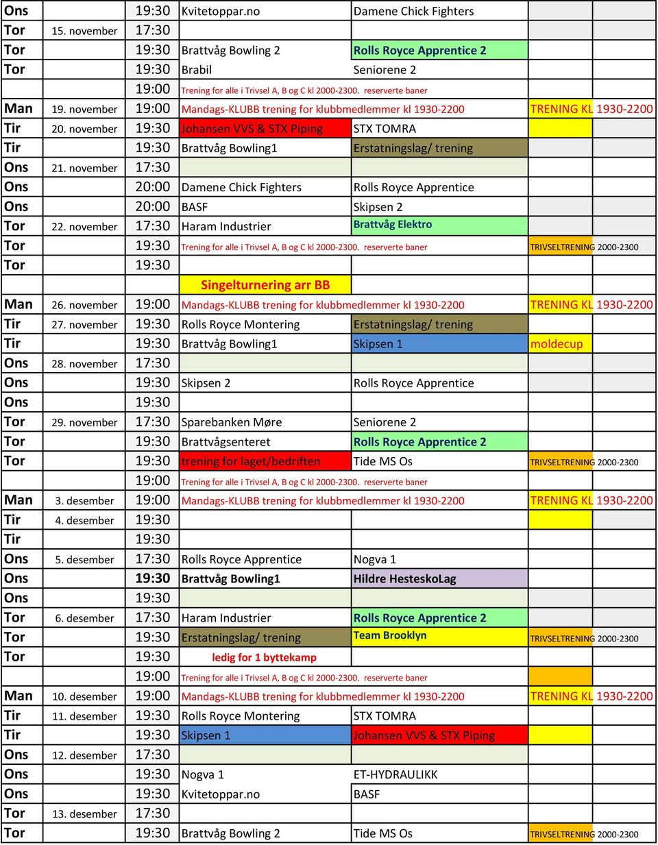 november 19:30 Johansen VVS & STX Piping STX TOMRA Tir 19:30 Brattvåg Bowling1 Erstatningslag/ trening Ons 21.