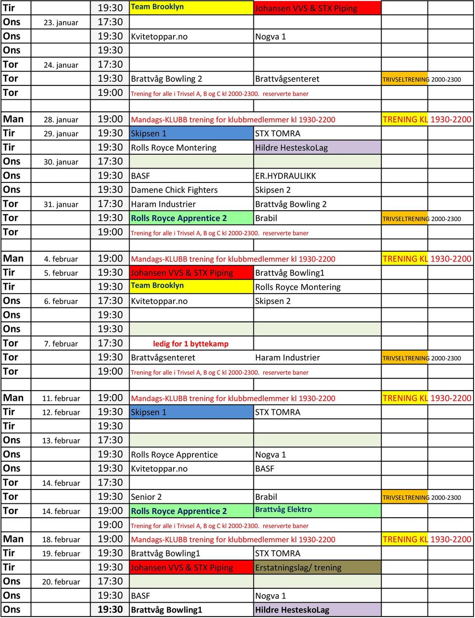 januar 17:30 BASF ER.HYDRAULIKK Damene Chick Fighters Skipsen 2 Tor 31. januar 17:30 Haram Industrier Brattvåg Bowling 2 Tor 19:30 Rolls Royce Apprentice 2 Brabil TRIVSELTRENING 2000-2300 Man 4.